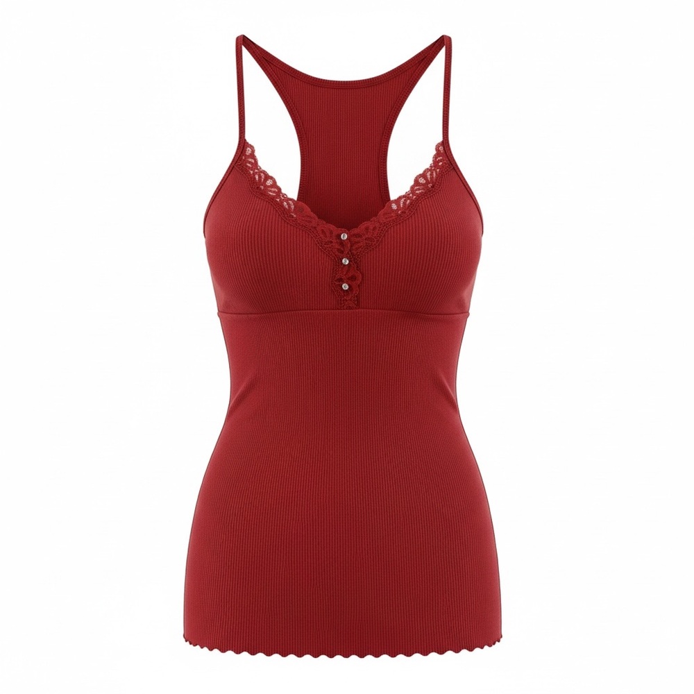 Y2K Guess Jeans Ribbed Lace-Trim with Decor Racerback Tank - Red